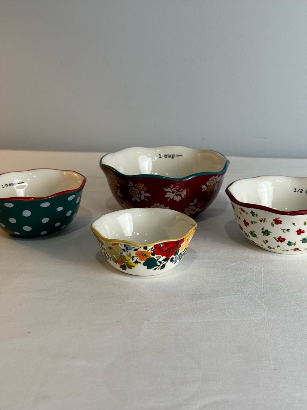 The Pioneer Woman Ceramic Nesting Measuring Bowls Set of 4 Floral Polka Dot